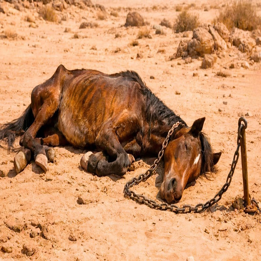 Child finds horse chained in the desert, but it was not a common horse. Diego Ramirez was walking in the morning in search of dry branches when he heard a faint sound coming from distant stones. The 12-year-old stopped by drying his sweat from his forehead with the back of the dirty ground hand. His family needed the firewood to cook lunch, but that groan under it left it curious. As he approached the rocks scattered across the arid terrain, Diego felt his heart squeeze in the chest.  A horse too skinny was lying between the stones with a heavy chain attached to the neck. The animal had its eyes open, one blue like the sky and another coffee like dry earth and a strange mark on the forehead that looked like a drawing made with hot iron. “My God,” Diego whispered slowly, slowly squeezing the animal. The horse turned his head toward the boy and made a low sound, as if he were asking for help. Diego saw that the ribs of the animal were noticeable under the dark fur and that his legs had red marks where the chain had hurt him.  Who did this to you? asked Diego extending his small hand to the horse’s snout. The animal smelled his fingers and leaned the snout on the palm of the child’s hand. Diego felt that those different eyes were begging for help and his childly heart could not ignore that silent request. Diego tried to pull the chain, but it was too heavy for his small hands. The link holding the animal was welded to an iron ring nailed to a large stone.