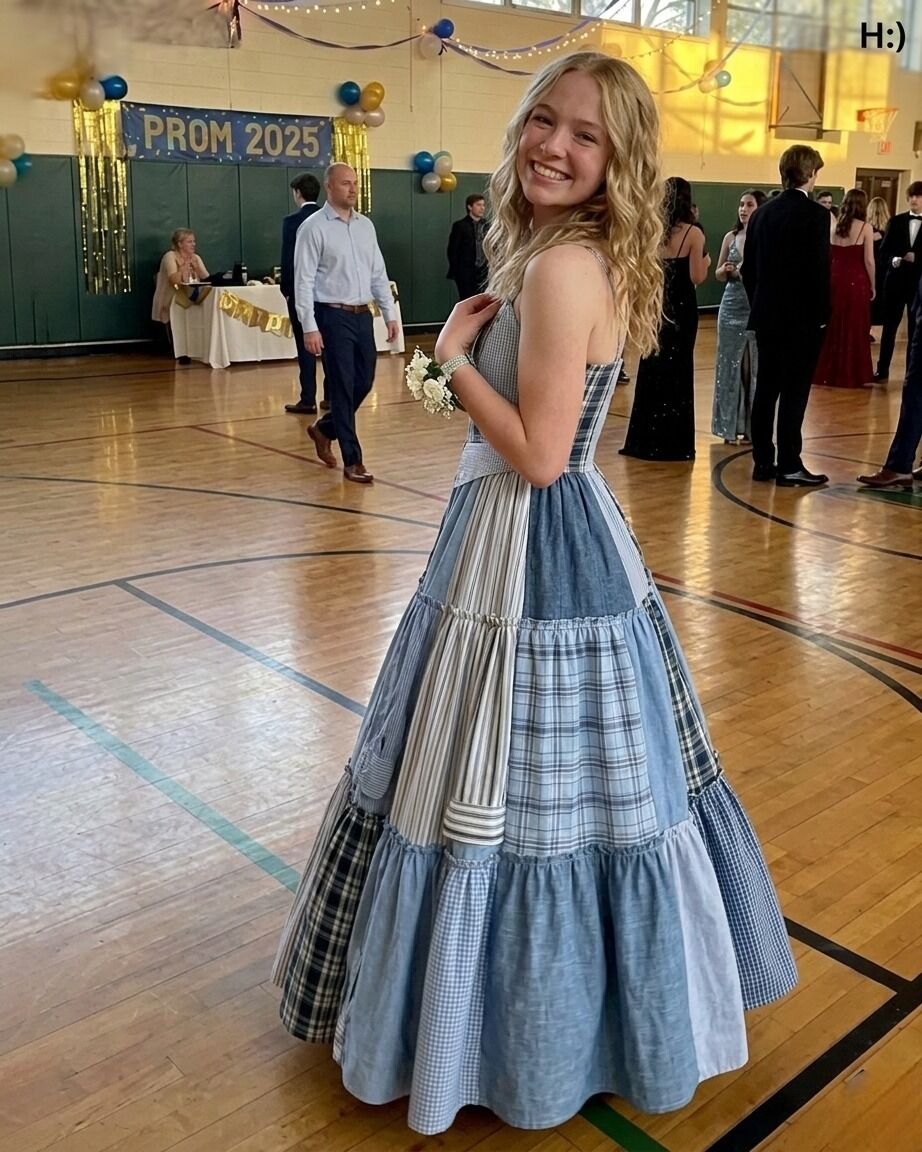 I sewed a prom dress from my dad’s shirts to honor him. At first, my classmates laughed, thinking it was strange. But when the principal took the mic and the room went silent, everyone realized the heartfelt meaning behind my creation. What started as a joke turned into a powerful tribute that no one would forget